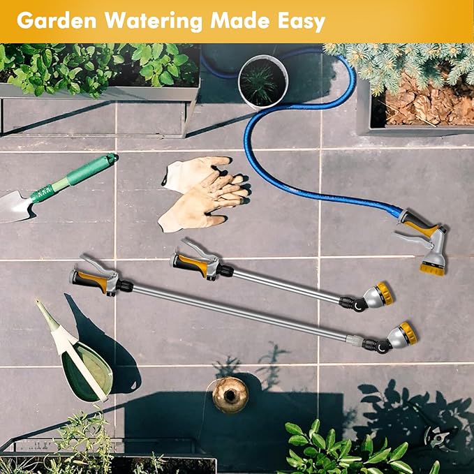 RESTMO Metal Watering Wand, 36”-60” Long Telescopic Tube | 180° Adjustable Ratcheting Head | 7 Spray Patterns | Flow Control, Perfect Garden Hose Sprayer to Water Hanging Baskets, Shrubs, Yellow