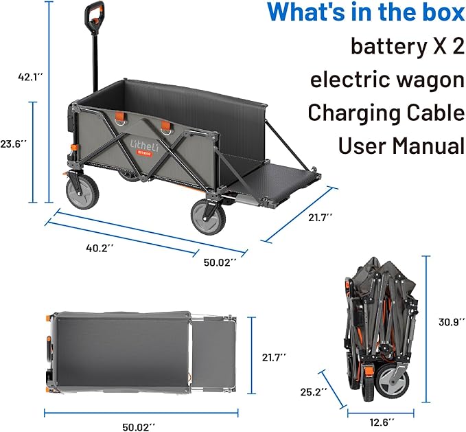 Litheli Electric Wagon Cart with Battery Power, All-Terrain Wheels & Variable Speed | 200L Capacity, 300 lbs Heavy-Duty Utility Wagon for Camping Gear, Beach Trips, Garden Tools & Shopping Hauls