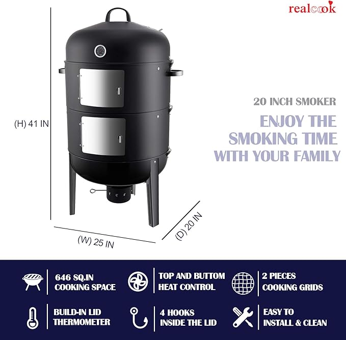 Realcook Charcoal BBQ Smoker Grill - 20 Inch Vertical Smoker for Outdoor Cooking Grilling