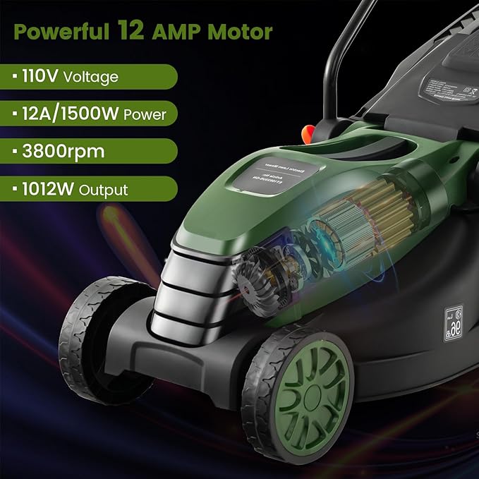 S AFSTAR Electric Corded Lawn Mower, 12-AMP 14-Inch Walk-Behind Lawnmower with Collection Box, 3 Adjustable Height Position, Self Locking Function, Push Lawn Mower for Backyard Patio