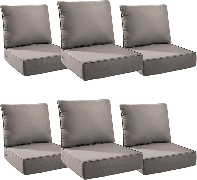 Luxury 6" Outdoor Cushions for Patio Furniture, 24x24x6 Thick Seat Cushion Set of 6, Fade Resistant Couch Chair Replacement Cushions High Density Deep Wicker Chair Cushion w/Removable Cover Gray