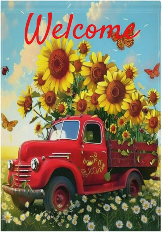 Welcome Flower Truck Garden Flag 18x24 inch Spring Old Car Daisy Sunflower Double Sided Decorative House Yard Flags for Spring Summer Garden Yard Outdoor Indoor Lawn Farmhouse Outside Decoration