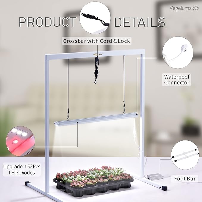 50Watt 2 Feet LED Grow Light Lamp Stand Rack with White Light Full Spectrum CRI90+ for Seedling,Seed Starting Plant Growing,Iron Pipe Frame,Aluminum Heat Sink,CCT6500K,Lamp Height Adjustable