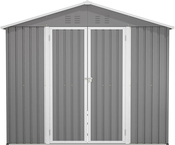 8×12 FT Storage Shed with 1 Lockable Door and Vents,Metal Aluminum Waterproof Tool Sheds,Heavy-Duty Sheds Unit W/Floor Frame,Lock & Key,Garden Shed for Storing Bicycles,Barbeques,Gray