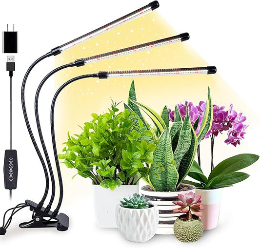ELITUN Grow Lights for Indoor Plants, 3000k/5000k/660nm Full Spectrum Plant Light with 3/9/12H Timer, 9 Brightness Levels, Auto ON/Off, 3 Heads Clip 126 LEDs Plant Grow Lamps