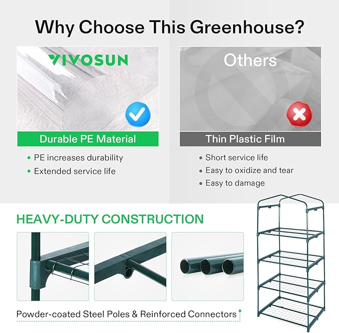 VIVOSUN Mini 4-Tier Greenhouse with Wheels, 27 x 19 x 63-Inch Reusable Portable Warm House with White PE Cover and Shelf for Compact Garden and Small Backyards, with Wheels