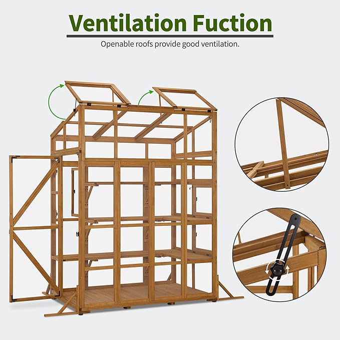 Macrout Wooden Walk-in Greenhouse with Acrylic Panels, Large Greenhouse for Outdoors with Openable Roof Vents with Lockable Door, G727