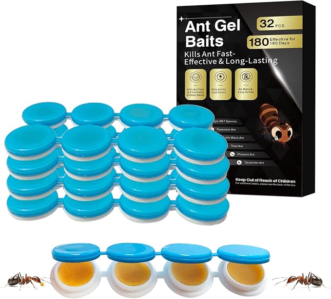 32 Pack Ant Killer Gel Bait, Long Lasting Indoor & Outdoor Ants Bait for Effective Ant Control, Safe & Easy to Use Pest Control for All Common Household Ants, Mess-Free Gel Stations