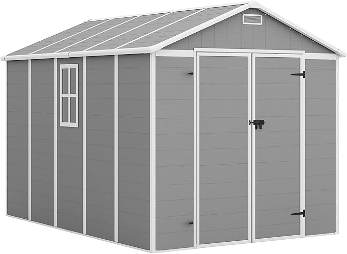 Outdoor Storage Shed, 8x10 FT Resin Shed with Floor and Lockable Door, Window & Vents, Tool Sheds and Outdoor Storage for Bike, Tools, Garden Accessories, Waterproof Grey & White