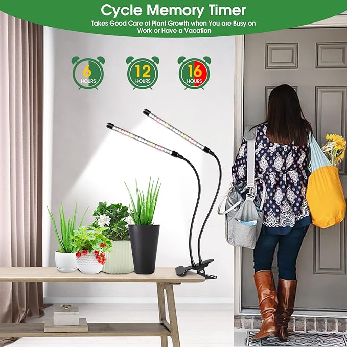 Wolezek Grow Lights for Indoor Plants, 2 Pack 6000K LED White Plant Grow Lights Indoor, Full Spectrum Grow Lamp with Clip, Auto ON & Off Timer 6/12/16H, 3 Modes, 5-Level Dimmable Brightness