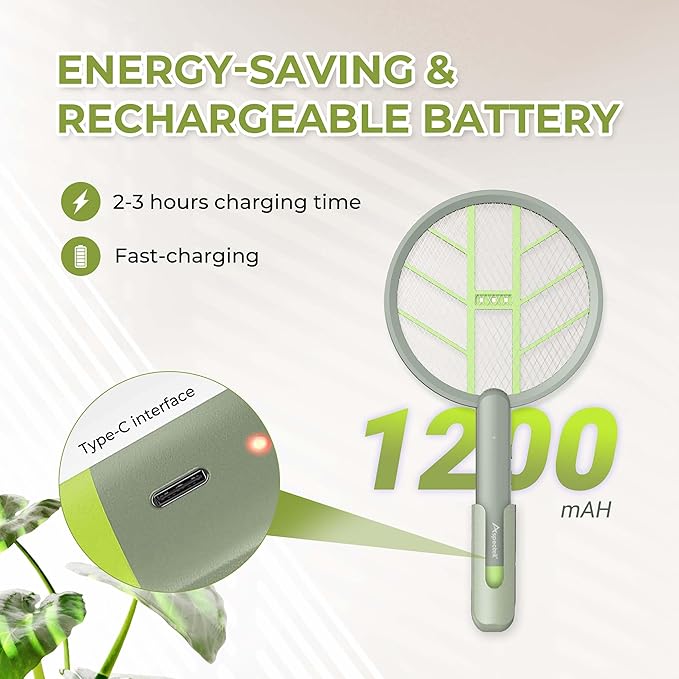 Aspectek 3000V Electric Fly Swatter for Indoor and Outdoor Use, Portable, Rechargeable Bug Zapper Racket with Improved Battery Life, USB Charging Cable, Wall Bracket, White -Green