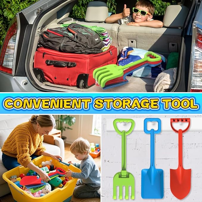 Jumbo Beach Shovels Rake Spade Toys Set for Kids, 16" Long Handle ABS Plastic Sand Scoop, 3 Pack Planting Summer Winter Travel Gift for Mud Sand Snow Digging, Backyard Gardening Tool Accessories
