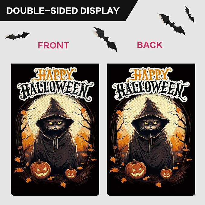 Happy Halloween Garden Flag Black Wizard Cat Flag Ghost Pumpkin Vertical Double Sided Rustic Farmland Burlap Yard Lawn Outdoor Decor 12.5x18"