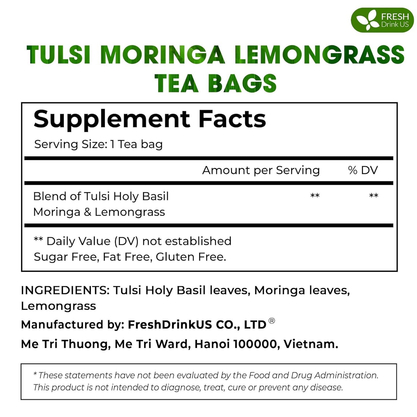 FreshDrinkUS, Premium 55 Tea Bags Tulsi Moringa Lemongrass, 100% Natural & Pure from Tulsi Holy Basil Leaves, Moringa & Lemongrass. Made with Natural Material Tea Bags. No Sugar, No Caffeine, Vegan.