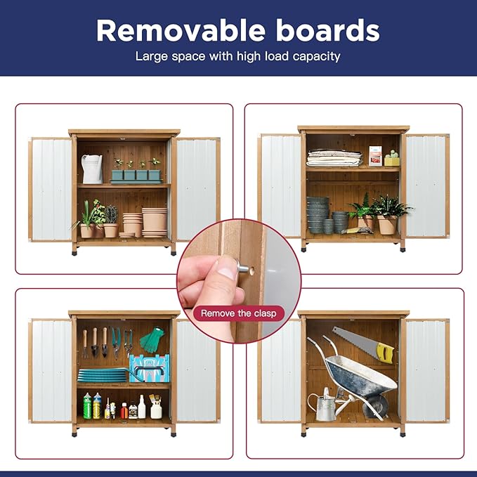 Wood & Metal Outdoor Storage Cabinet with Waterproof Roof, Garden Tool Shed with 4 T-Hinge, 4 Adjustable feet and Magnetic Door, 2 Removable Shelves, Easy Installation, 13.5" D x 34.5" W x 39" H