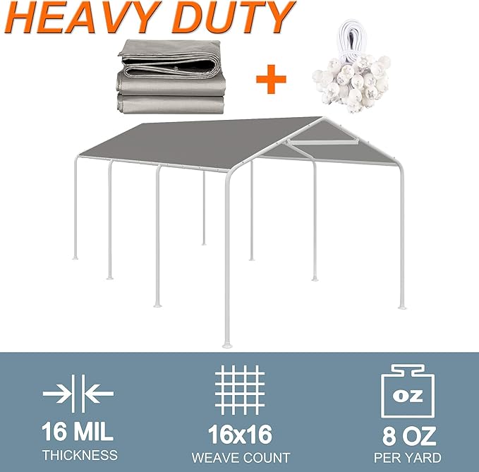 10 x 20 Ft Carport Replacement Canopy Cover Garage Top Tent Shelter Tarp with Free 44 Ball Bungee Cords,Grey(Only Cover, Frame Not Include)