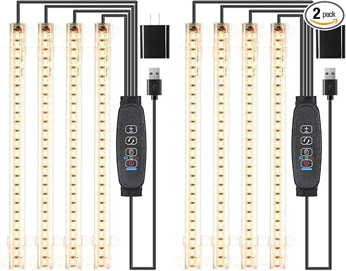 8.6 Inches LED Plant Growing Light Strips, Full Spectrum 3000K Grow Light for Indoor Plants with 3/9/12H Timer, 10 Dimmable Levels for Seedling Succulent and Plant Shelf (4 Head×2pcs)