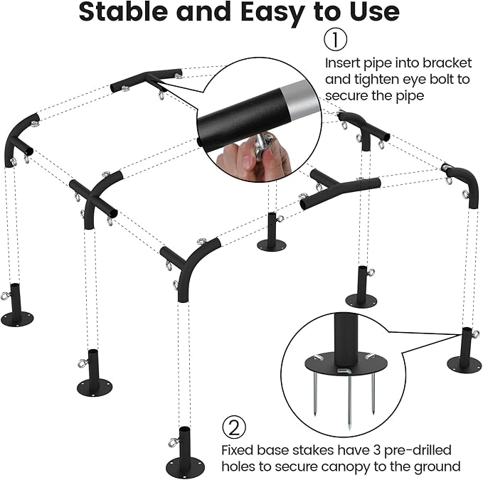 1 3/8'' Canopy Fittings for 6 Leg Carport Frame Parts, Black Canopy Pipe Fittings with Eye Bolts, Carport Frame Kit Low Peak Connectors with 156 Degree Angle(15Pcs)