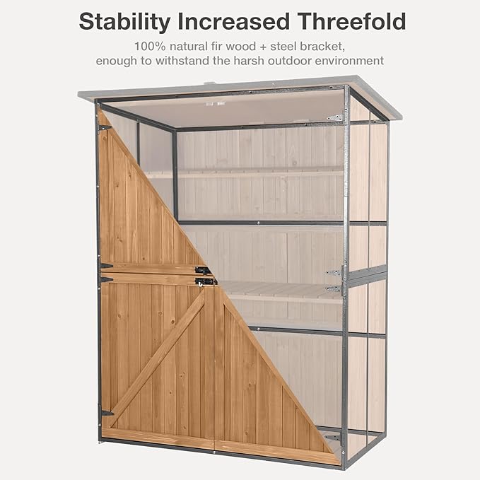 Outdoor Storage Shed with Floor - Waterproof Natural Fir Cabinet with Adjustable Shelves and Double Lock for Anti-Theft - Suitable for Storing Garden Tools, and Household Debris (Brown)