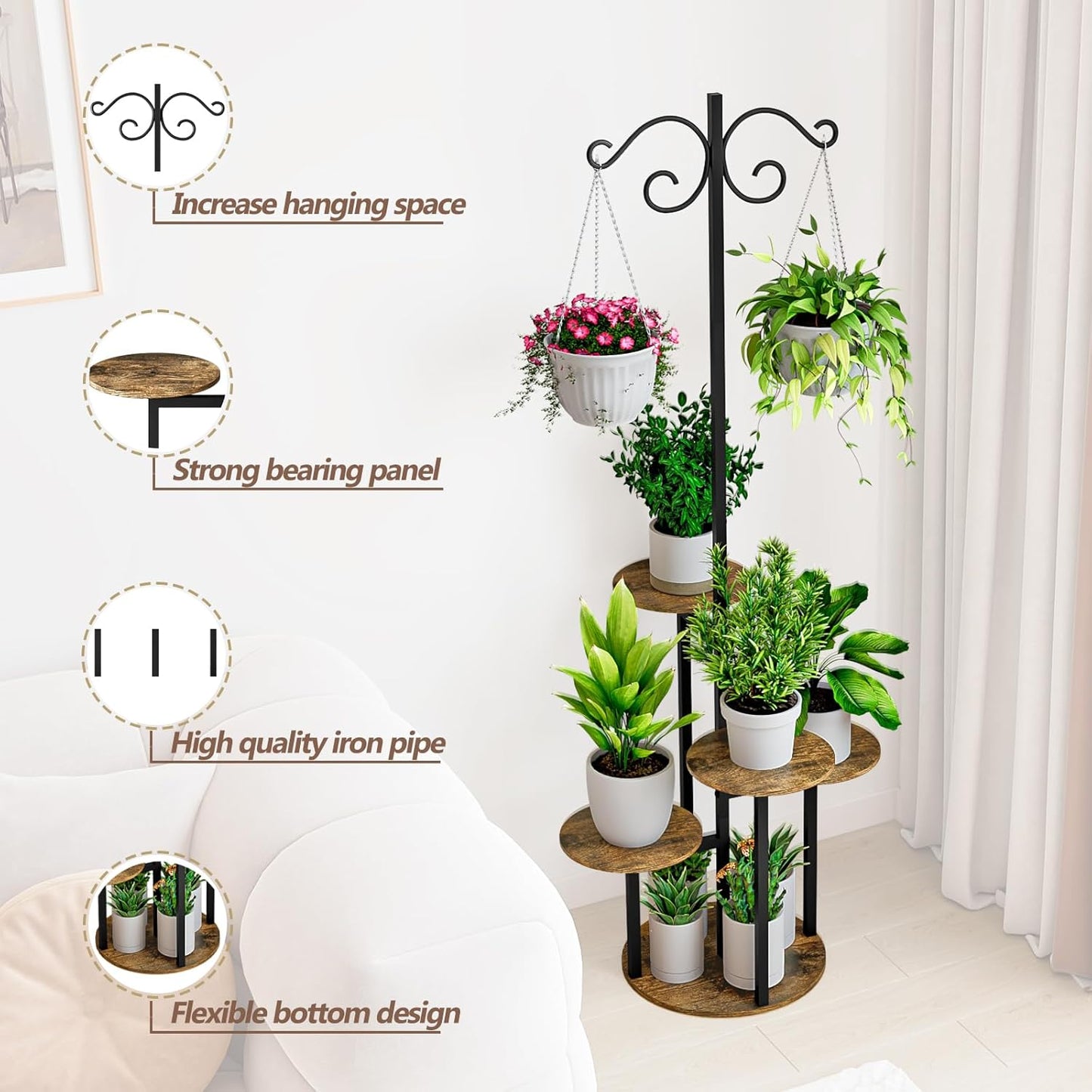 Plant Stand Indoor 5 Tier 8 Potted with hook hanging basket Multiple Flower Pot Holder for Patio Garden Balcony Living Room Corner (5 Tier with hook Black+Rustic Brown)