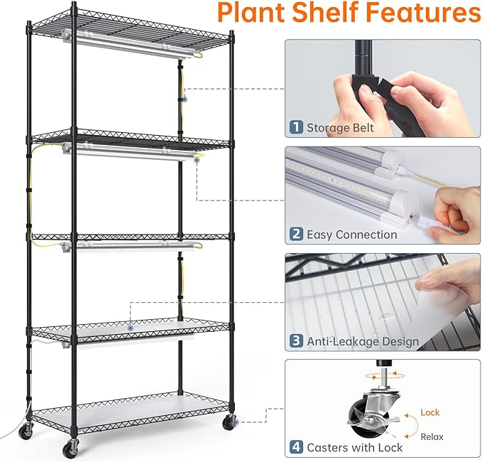 Plant Shelf with Grow Lights, 5-Tier Plant Stand with T8 24W Grow Light for Indoor Plants with Wheel, 5000K Full Spectrum LED Plant Light with Timer for Seedling, Seed Starting, 29.5x13.8x59IN