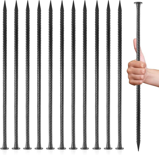 MIVIDE 12 Pack 16 Inch Black Rebar Stakes, 1/2 Inch Diameter, Galvanized Steel Ground Anchors, Heavy Duty Metal Rebar Stakes for Speed Bumps, Garden Plants, Wheel, Wood, Tent