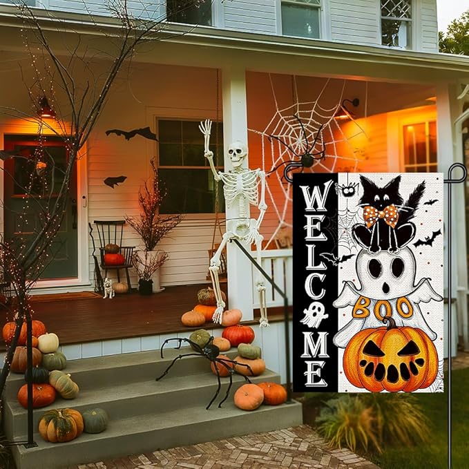 Halloween Welcome Garden Flags for Outside 12x18 Inch Double Sided Burlap, Black Cat Spooky Ghost Pumpkin Sign Small Flag Farmhouse Holiday Yard Lawn Outdoor Decorations DF868