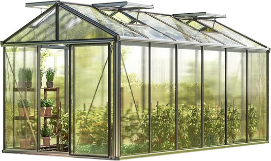 Greenhouse Diamas 24 Premium 7.7 x 15.1 ft with Approx. 16 mm Polycarbonate Panels, Natural Aluminum Color, with 2 Automatic Vent Openers