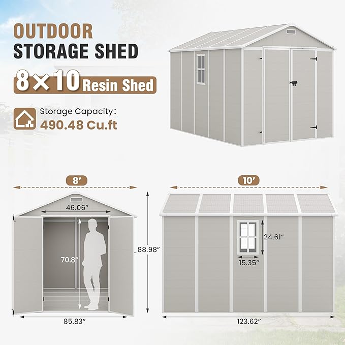 Outdoor Storage Shed, 8x10 FT Resin Shed with Floor and Lockable Door, Window & Vents, Tool Sheds and Outdoor Storage for Bike, Tools, Garden Accessories, Waterproof Sandstone