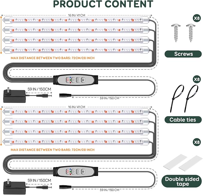 4 Bars Grow Light Strips for Indoor Plants with Auto ON/Off Timer 6/12/18H, 5 Dimmable Levels for Shelves Plant Growing(Pack 2)