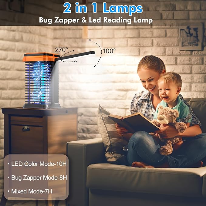 Rechargeable Solar Bug Zapper Outdoor & Indoor, Mosquito Fruit Fly Trap, Gnat Moths Catcher, 4200V Grid, USB Charging, 5000mAh Battery, Fit for Home, Kitchen, Backyard, Camping, Patio