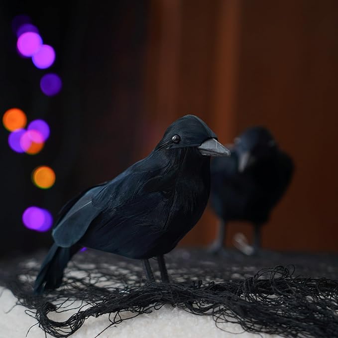 NEROSUN 6 Pack Halloween Black Feathered Crows, 5.7" & 8.7" Realistic Feathered Black Birds Raven, Halloween Decoration for Indoor Outdoor Home Yard Garden Party Decor