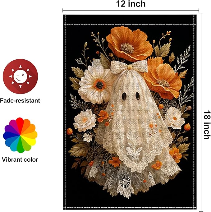 Halloween Garden Flag 12 x 18 Inch Double Sided Ghost Flower Bow Designs Fall Autumn Burlap Yard Flag for Outside Rustic Yard Outdoor Holiday Home Decoration