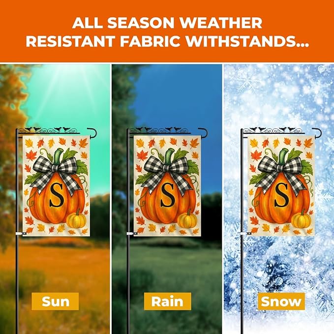 Fall Garden Flags 12x18 Double Sided – Pumpkin Monogram Garden Flag S – Fall Yard Flags for Outside Burlap, Weatherproof & Fade Resistant, Farmhouse Outdoor Décor