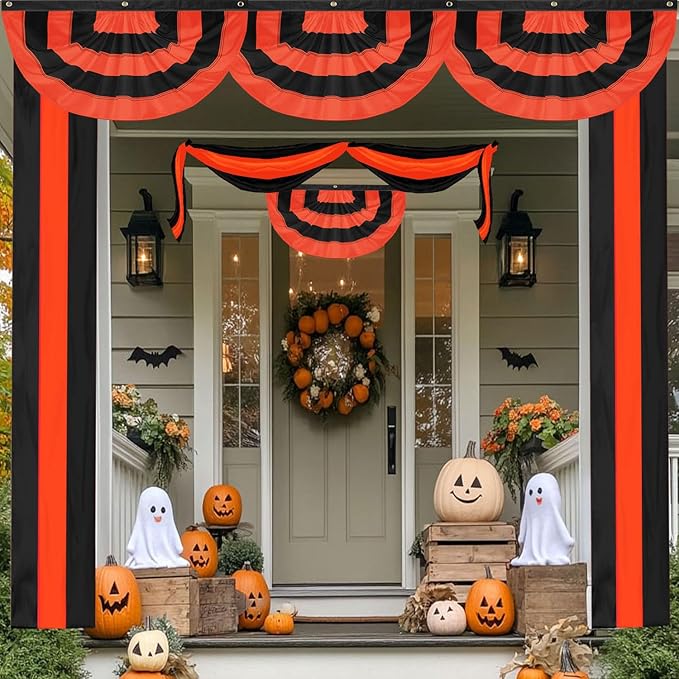 4Pack Halloween Bunting Flags 2x4ft Fully Sewn Orange & Black 5 Stripe Pleated Half Fan Flag Banner Trick or Treat Happy Halloween Party Decor Outside Porch Yard Garden Indoor Wall