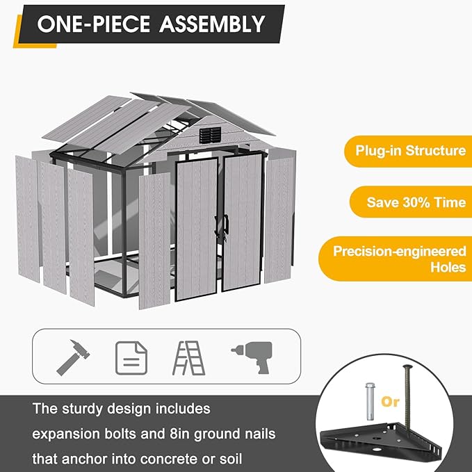 8 x 6 FT Resin Outdoor Storage Shed, All-Weather Plastic Garden Shed with Floor, Lockable Doors & Windows, Plastic Tool Shed for Poolside, Backyard, Patio