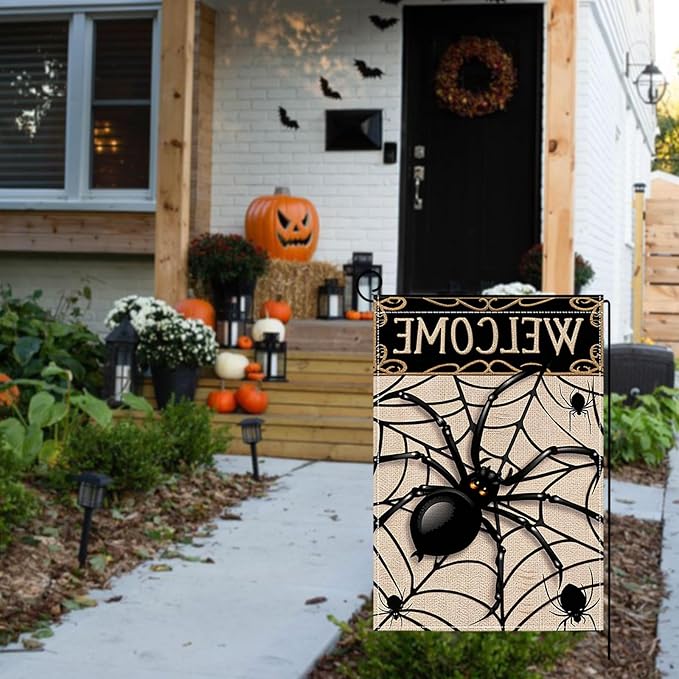Halloween Garden Flag 12 x 18 Inch Double Sided Spider Web Designs Fall Autumn Burlap Yard Flag for Outside Rustic Yard Outdoor Holiday Home Decoration