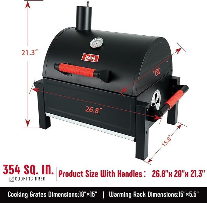 Portable Charcoal BBQ Grills with Cast Iron Grates, Tabletop Charcoal Grills with 354 Sq. In Cooking Area, for Outdoor Camping and Picnic, Black, L26.8’’x W20’’x H21.3’’