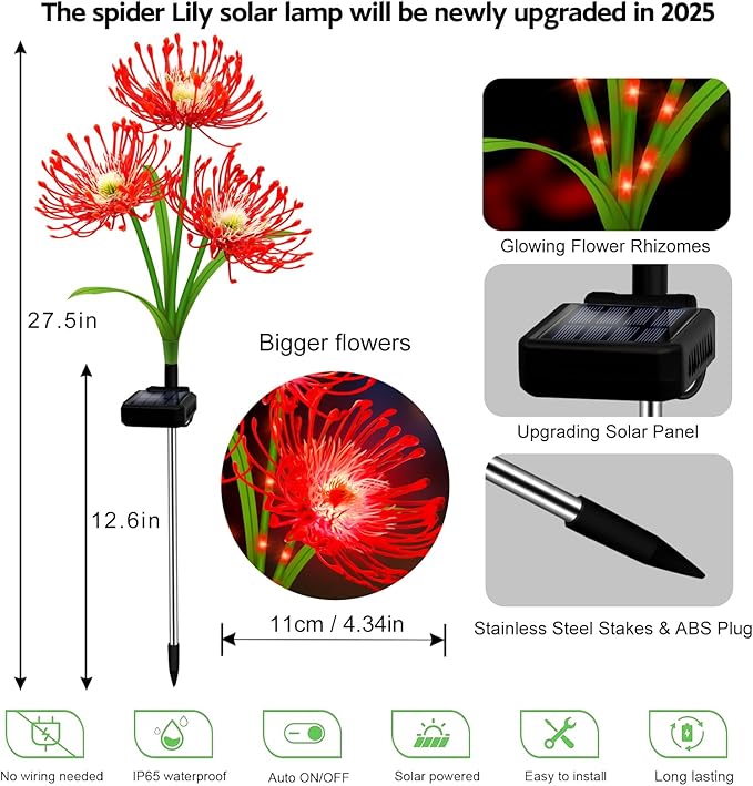 Solar Christmas Outdoor Lights Red Spider Lily – 6 Pack 18-Head Waterproof Garden Flower with Glowing Stems,Decorative Solar Powered Yard,Patio & Lawn Decor,Holiday & Gardening Gifts for Women Grandma