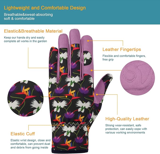 Bamllum Leather Gardening Gloves for Women - Working Gloves for Weeding, Digging, Planting, Raking and Pruning