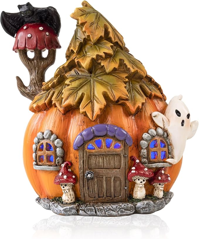 Colorful Light Up Halloween Village, 6.5"H Spooky Miniature Haunted House Decor, Resin Ghost Pumpkin Figurine Outdoor Fall Fairy Garden Statue, Indoor Tabletop Desk Mantel Decoration for Home