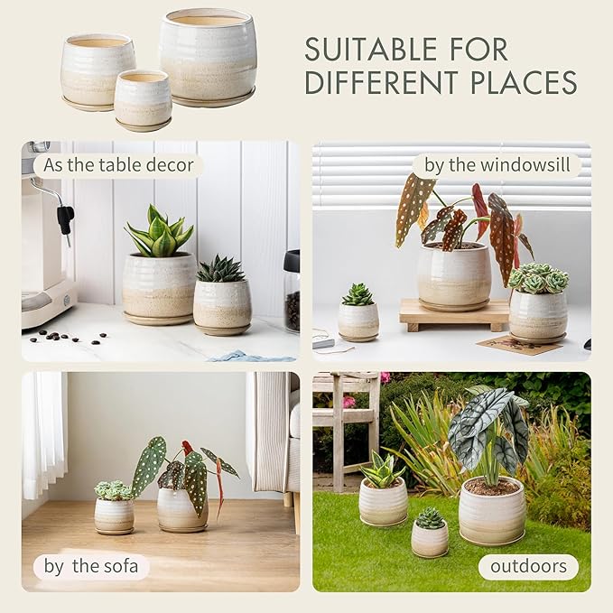 3 Pack Ceramic Small Plant Pots Planters for Indoor Flowers Plants with Drainage Holes & Saucer, Cactus Succulent, Home Decor, 3.4+4.7+6.1 Inch Flower Pot Set of 3, White