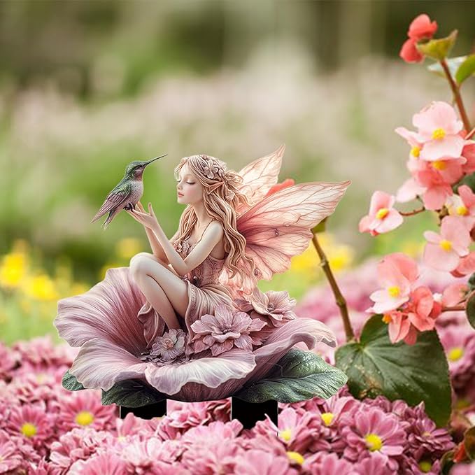 Fairy Garden Stake Decor, 2D Flat Acrylic Fairy Garden Decor Panel, Elf Yard Sign for Outdoor Indoor Yard Lawn Plants Pots, Fairy Garden Accessories (Flowers Fairy and Hummingbird)