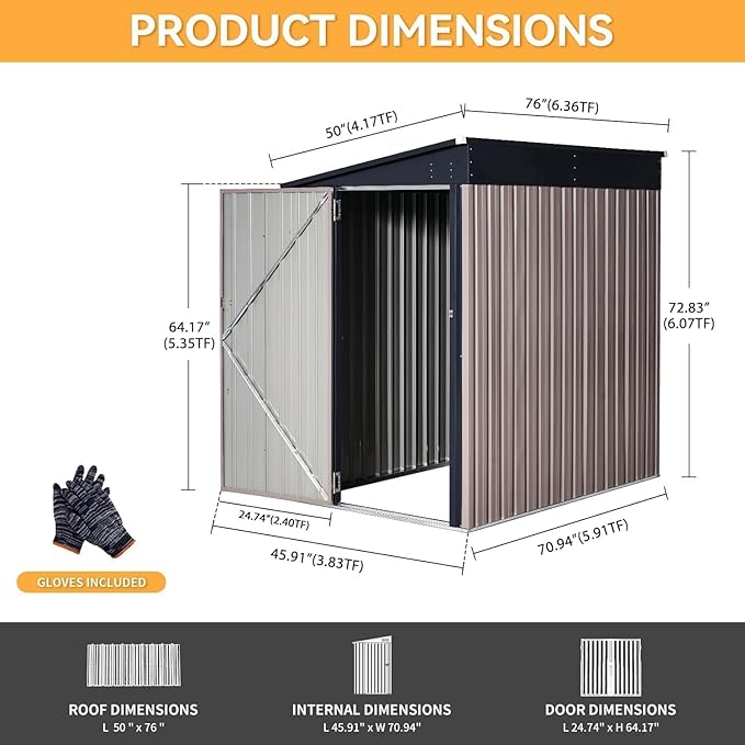 Aoxun 4x6 FT Lean to Shed Garden Metal Storage Shed with Lockable Doors Outdoor Bike Shed for Backyard, Patio, Poolside (Brown)