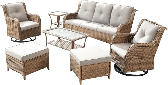 7-Piece Patio Furniture Set - All-Weather PE Wicker with Swivel Rocker Chairs, Couch, Ottomans & Tables