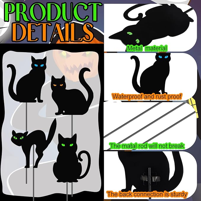 Chunful 4 Pcs Halloween Decorative Garden Stakes Black Cat Garden Stakes for Flower Planter Pot Outdoor Metal Yard Sign Black Cat Decorations Halloween Patio Lawn Decor