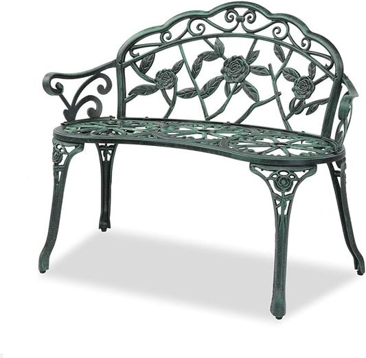 VINGLI 38.5" Patio Park Garden Outdoor Metal Rose Bench,Cast Iron Cast Aluminium Frame Antique Finish Chair,Accented Lawn Front Porch Path Yard Decor Deck Furniture for 2 Person Seat（Green&Black