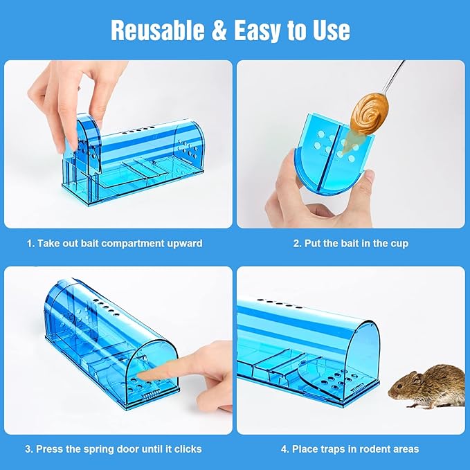6 Pack Humane Mouse Traps No Kill, Catch and Release Live Mouse Trap Indoor for Home, Reusable Mice Trap Cage with Cleaning Brush(Blue)