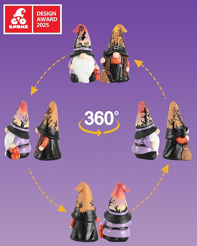 Halloween Gnomes and Witch Figurines - 2Pack Lights Up Fall Gnome Ornaments - 4.5'' Resin Indoor Halloween Decor for Women (Gnomes)