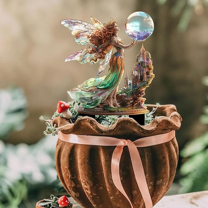Fairy Garden Stake Decor, 2D Flat Acrylic Fairy Garden Decor Panel, Elf Yard Sign for Outdoor Indoor Yard Lawn Plants Pots, Fairy Garden Accessories (Fairy with Crystal Ball)